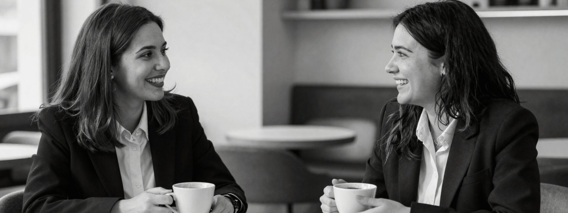 Frauen trinken Kaffee und lachen sich an